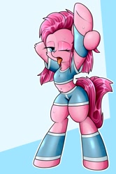 Size: 715x1080 | Tagged: safe, imported from derpibooru, pinkie pie, earth pony, pony, clothes, hooves up, simple background, solo, sport clothes, standing, sweat, tongue out