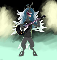 Size: 1601x1682 | Tagged: safe, artist:themightycoolblender, imported from twibooru, queen chrysalis, changeling, changeling queen, /mlp/, 4chan, bipedal, clothes, drawthread, electric guitar, eyes closed, female, guitar, image, musical instrument, open mouth, png, shirt, solo, t-shirt, tongue out