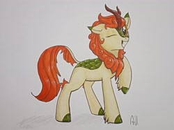 Size: 4080x3072 | Tagged: safe, artist:azilluwu, imported from derpibooru, autumn blaze, kirin, female, mare, one eye closed, raised hoof, simple background, smiling, solo, white background, wink