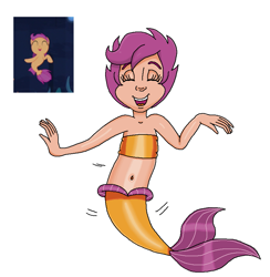 Size: 821x840 | Tagged: safe, artist:ocean lover, imported from derpibooru, scootaloo, human, mermaid, seapony (g4), season 8, surf and/or turf, spoiler:s08, bandeau, bare midriff, bare shoulders, belly, belly button, child, cute, cutealoo, dancing, eyes closed, female, fins, fish tail, human coloration, humanized, mermaid tail, mermaidized, midriff, moderate dark skin, ms paint, open mouth, purple hair, reference, reference sheet, scene interpretation, seaponified, seapony scootaloo, short hair, simple background, solo, solo female, species swap, tail, tail fin, tomboy, underwater, water, white background