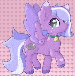 Size: 2068x2108 | Tagged: safe, artist:mimiqq, imported from derpibooru, oc, oc only, oc:satin showers, pegasus, bell, bell collar, collar, cowbell, freckles, hoof heart, nervous, raised hoof, simple background, solo, striped mane, underhoof, unshorn fetlocks