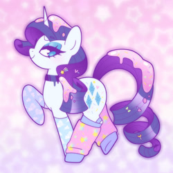 Size: 1750x1750 | Tagged: safe, artist:vivian reed, imported from derpibooru, part of a set, rarity, pony, unicorn, bow, choker, clothes, eyebrows, eyebrows visible through hair, fairy kei, female, food, frosting, hairclip, horn, leg warmers, lidded eyes, looking at you, mare, no pupils, smiling, smiling at you, socks, solo, sprinkles, standing on two hooves