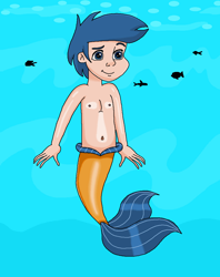 Size: 858x1086 | Tagged: safe, artist:ocean lover, imported from derpibooru, first base, fish, human, merboy, mermaid, merman, bare shoulders, belly, belly button, blue eyes, blue hair, chest, child, fins, fish tail, happy, human coloration, humanized, light skin, male, ms paint, ocean, smiling, swimming, tail, tail fin, underwater, water