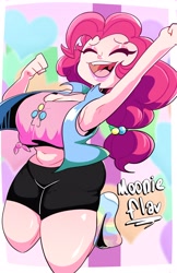 Size: 2650x4096 | Tagged: safe, artist:moonieflav, imported from derpibooru, pinkie pie, human, belly, belly button, breasts, busty pinkie pie, cleavage, eyes closed, female, fist, high res, humanized, midriff, open mouth, open smile, raised arm, smiling, solo