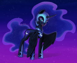 Size: 3397x2787 | Tagged: safe, artist:rerrtiz, imported from derpibooru, nightmare moon, alicorn, pony, bat wings, blue eyes, blue mane, blue tail, colored pupils, crepuscular rays, curved horn, digital art, ear fluff, ethereal mane, ethereal tail, eyeshadow, fangs, feather, female, flowing mane, flowing tail, gradient background, grin, helmet, high res, hoof shoes, horn, hybrid wings, lidded eyes, looking at you, makeup, mare, moon, moonlight, night, night sky, nightmare night, open mouth, open smile, peytral, princess shoes, signature, sky, smiling, smiling at you, solo, spread wings, starry mane, starry tail, stars, tail, teeth, wings