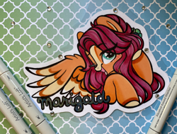 Size: 3106x2351 | Tagged: safe, artist:emberslament, imported from derpibooru, oc, oc only, oc:marigold, pegasus, pony, badge, blushing, female, flower, flower in hair, looking at you, mare, one eye closed, pegasus oc, photo, spread wings, traditional art, wings, wink, winking at you