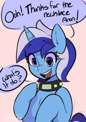 Size: 1129x1600 | Tagged: safe, artist:darkdoubloon, imported from derpibooru, minuette, pony, unicorn, ambiguous facial structure, clopfic in description, collar, dialogue, fanfic art, female, horn, hypnogear, looking down, mare, mind control, open mouth, open smile, simple background, smiling, solo, speech bubble, story included