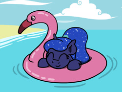 Size: 1800x1350 | Tagged: safe, artist:flutterluv, imported from derpibooru, princess luna, alicorn, pony, eyes closed, happy, inner tube, ocean, pool toy, smiling, solo, swimming, water