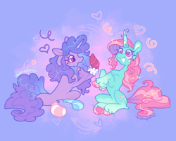 Size: 2048x1645 | Tagged: safe, artist:bishopony, imported from derpibooru, izzy moonbow, minty, earth pony, pony, unicorn, abstract background, alternate design, alternate hairstyle, alternate tailstyle, blush scribble, blushing, clothes, coat markings, colored eyelashes, colored hooves, colored horn, colored pinnae, colored pupils, colored underhoof, concave belly, curly mane, curly tail, cute, duo, duo female, emanata, eyelashes, fake horn, female, floating heart, floppy ears, freckles, g3, g5, halftone, heart, hoof heart, hooves, horn, izzybetes, long mane, long socks, long tail, looking at someone, mare, mint coat, minty (g4), mintybetes, mismatched socks, nose blush, open mouth, open smile, pink hooves, pink mane, pink tail, purple coat, purple eyelashes, purple eyes, purple hooves, purple mane, purple pupils, purple tail, raised hoof, raised hooves, requested art, shiny eyelashes, shiny eyes, shiny hooves, shiny mane, shiny tail, signature, slender, smiling, socks, socks (coat markings), sparkles, striped socks, tail, thin, two toned mane, two toned tail, underhoof, unicorn horn, unshorn fetlocks, wall of tags