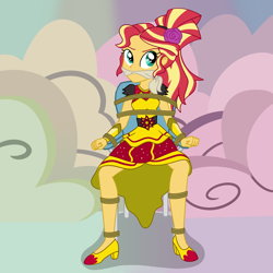 Size: 2500x2500 | Tagged: safe, artist:nie-martw-sie-o-mnie, imported from derpibooru, part of a set, sunset shimmer, human, equestria girls, bondage, chair bondage, cleave gag, cloth gag, clothes, equestria girls specials, female, femsub, gag, high heels, my little pony equestria girls: dance magic, rope, rope bondage, shoes, solo, submissive, subset