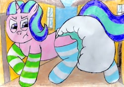 Size: 3178x2252 | Tagged: safe, artist:bitter sweetness, imported from derpibooru, starlight glimmer, unicorn, :t, abdl, adult foal, blue sky, clothes, diaper, diaper fetish, dirt road, disgusted, fetish, horn, in our town, non-baby in diaper, poofy diaper, socks, striped socks, traditional art