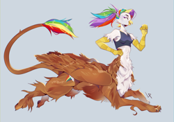 Size: 3832x2704 | Tagged: safe, artist:satway, imported from derpibooru, oc, oc only, oc:rainbow feather, hippogriff, taur, belly, belly button, clothes, cutie mark, fluffy, griffontaur, interspecies offspring, magical lesbian spawn, offspring, parent:gilda, parent:rainbow dash, parents:gildash, running, solo, thin