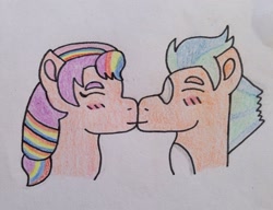 Size: 2448x1876 | Tagged: safe, artist:dragonpriness, imported from derpibooru, hitch trailblazer, starblazer, sunny starscout, earth pony, pony, blushing, duo, duo male and female, eyes closed, female, g5, kissing, male, mare, shipping, stallion, straight, traditional art