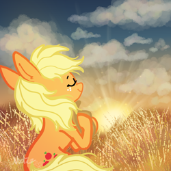 Size: 2000x2000 | Tagged: safe, artist:nootaz, imported from derpibooru, applejack, earth pony, pony, applejack's hat, blonde mane, blonde tail, cloud, cowboy hat, ear fluff, eyes closed, female, freckles, hat, mare, orange coat, sitting, smiling, solo, sunrise, tail