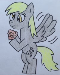 Size: 1816x2257 | Tagged: safe, artist:dragonpriness, imported from derpibooru, derpy hooves, pegasus, pony, female, flying, food, mare, muffin, smiling, solo, that pony sure does love muffins, traditional art