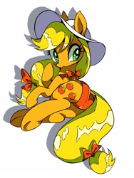 Size: 1200x1600 | Tagged: safe, artist:stacy_165cut, imported from derpibooru, applejack, earth pony, pony, alternate accessories, applebutt, big eyes, blonde mane, blonde tail, bow, butt, clothes, eyelashes, female, frown, green eyes, hair accessory, hair bow, hat, looking away, mane accessory, mare, neck bow, open frown, open mouth, orange bow, plot, shadow, shiny eyes, shiny mane, shiny tail, simple background, solo, sun hat, swimsuit, tail, tail accessory, tail bow, tied mane, tied tail, two-piece swimsuit, underhoof, white background, wingding eyes, yellow mane, yellow tail