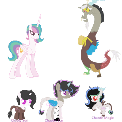 Size: 1024x1020 | Tagged: safe, artist:mysteryponygirlz, artist:selenaede, imported from derpibooru, discord, princess celestia, oc, oc:chaotic sun, oc:chaoticmagic, oc:cloudy sun, alicorn, draconequus, hybrid, alternate hairstyle, base used, dislestia, father and child, father and daughter, female, filly, foal, group, husband and wife, interspecies offspring, male, mare, mother and child, mother and daughter, offspring, parent:discord, parent:princess celestia, parents:dislestia, shipping, siblings, simple background, sisters, straight, transparent background