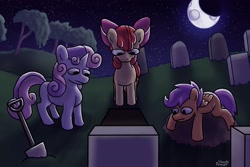 Size: 3000x2000 | Tagged: safe, artist:doggoisadummy, imported from derpibooru, apple bloom, scootaloo, sweetie belle, earth pony, pegasus, pony, unicorn, bow, cutie mark crusaders, female, filly, foal, grave, grave robber, grave robbing, gravestone, graveyard, hair bow, horn, night, shovel, trio