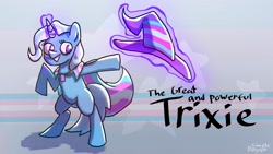 Size: 3200x1800 | Tagged: safe, artist:doggoisadummy, imported from derpibooru, trixie, pony, unicorn, cape, clothes, female, hat, horn, magic, mare, pride, pride flag, solo, telekinesis, trans trixie, transgender, transgender pride flag, witch hat