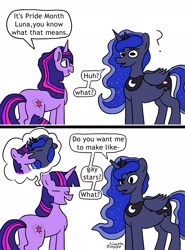 Size: 2000x2700 | Tagged: safe, artist:doggoisadummy, imported from derpibooru, princess luna, twilight sparkle, alicorn, pony, unicorn, comic, dialogue, duo, female, jewelry, kissing, lesbian, mare, meme, peytral, pride month, regalia, shipping, speech bubble, thought bubble, twiluna, unicorn twilight