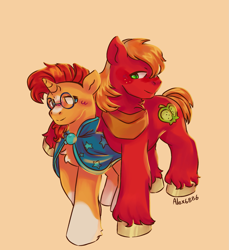 Size: 1589x1731 | Tagged: safe, artist:alex6886, imported from derpibooru, big macintosh, sunburst, earth pony, pony, unicorn, fanfic:once a week, big macintosh's yoke, cape, clothes, duo, fanfic art, gay, hoof around neck, horn, horse collar, looking at each other, looking at someone, macburst, male, shipping, simple background, story in the source, unshorn fetlocks