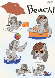 Size: 2000x2808 | Tagged: safe, artist:doggoisadummy, imported from derpibooru, oc, oc only, oc:rosin stacatto, pegasus, pony, beach, beach ball, bow (instrument), cap, female, hat, inner tube, mare, musical instrument, playing instrument, pool toy, sketch, sketch dump, solo, sunglasses, violin, violin bow, water