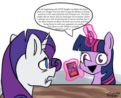 Size: 2000x1617 | Tagged: safe, artist:doggoisadummy, imported from derpibooru, rarity, twilight sparkle, pony, unicorn, dialogue, duo, female, horn, magic, mare, speech bubble, telekinesis, yu-gi-oh!