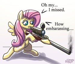 Size: 2000x1700 | Tagged: safe, artist:doggoisadummy, imported from derpibooru, fluttershy, pegasus, pony, attempted murder, dialogue, female, gun, implied donald trump, mare, rifle, sniper rifle, solo, speech bubble, weapon