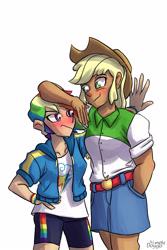 Size: 2000x3000 | Tagged: safe, artist:doggoisadummy, imported from derpibooru, applejack, rainbow dash, human, equestria girls, appledash, blushing, duo, female, height difference, lesbian, shipping