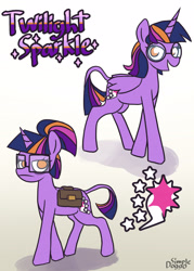 Size: 2000x2799 | Tagged: safe, artist:doggoisadummy, imported from derpibooru, twilight sparkle, alicorn, pony, unicorn, alternate cutie mark, alternate design, alternate eye color, alternate hairstyle, alternate mane color, alternate tail color, alternate tailstyle, bag, bags under eyes, female, frown, glasses, high res, leonine tail, mare, no pupils, orange eye, ponytail, redesign, saddle bag, solo, tail, twilight sparkle (alicorn), unicorn twilight