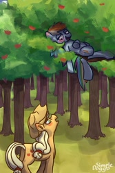 Size: 2000x3000 | Tagged: safe, artist:doggoisadummy, imported from derpibooru, applejack, rainbow dash, earth pony, pegasus, pony, appledash, blushing, duo, duo female, female, high res, in a tree, lesbian, looking at each other, looking at someone, lying down, mare, on back, shipping, signature, tree