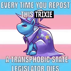 Size: 1080x1076 | Tagged: safe, artist:doggoisadummy, imported from derpibooru, trixie, pony, unicorn, cape, clothes, female, hat, horn, mare, meme, politics, pride, pride flag, solo, trans trixie, transgender, transgender pride flag, trixie's cape, trixie's hat