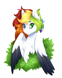 Size: 2000x2500 | Tagged: safe, artist:aakariu, imported from derpibooru, oc, pegasus, pony, artfight, bush, digital art, female, halfbody, multicolored hair, rainbow hair, simple background, solo