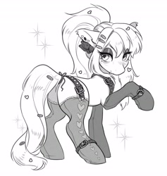 Size: 3886x4096 | Tagged: safe, artist:opalacorn, imported from derpibooru, oc, oc only, earth pony, pony, black and white, bracelet, butt, clothes, ear piercing, earring, female, garter belt, grayscale, jewelry, lidded eyes, looking at you, looking back, looking back at you, mare, monochrome, piercing, plot, simple background, socks, solo, sparkles, stockings, thigh highs, white background