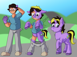 Size: 1617x1204 | Tagged: safe, artist:detectivecoon, imported from derpibooru, oc, oc only, human, pony, unicorn, cheek fluff, chest fluff, clothes, clothes falling off, glasses, gritted teeth, horn, human to pony, looking at self, male, onomatopoeia, pants, pants down, raised hoof, shirt, shoes, solo, sound effects, stallion, stallion oc, t-shirt, teeth, transformation, transformation sequence, unshorn fetlocks