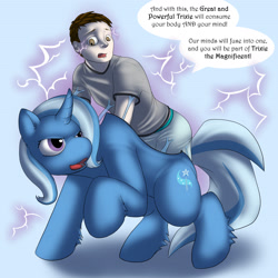 Size: 2400x2400 | Tagged: safe, artist:boundbrush, imported from derpibooru, trixie, human, pony, unicorn, bondage, encasement, high res, horn, living clothes, living suit, ponysuit, possession, speech bubble