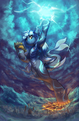 Size: 2976x4533 | Tagged: safe, artist:ravistdash, imported from derpibooru, oc, oc only, original species, shark, shark pony, apocalypse, bipedal, book, building, city, destruction, dorsal fin, fin, fins, fish tail, flowing tail, macro, magic, ocean, scales, smiling, smirk, solo, stomping, tail, tsunami, wallpaper, water