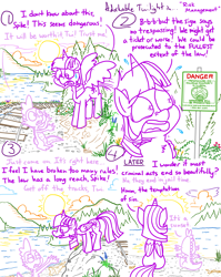 Size: 4779x6013 | Tagged: safe, artist:adorkabletwilightandfriends, imported from derpibooru, spike, twilight sparkle, alicorn, comic:adorkable twilight and friends, adorkable, adorkable twilight, back, back of head, butt, cloud, comic, confident, cute, dork, duo, duo male and female, female, flower, grass, hill, male, nature, nervous, plot, river, rock, scared, scenery, sign, sitting, slice of life, sliding, sunset, sweat, tracks, train tracks, tree, twilight sparkle (alicorn), water, worried