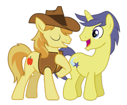 Size: 633x526 | Tagged: safe, edit, imported from derpibooru, vector edit, braeburn, comet tail, earth pony, pony, unicorn, cometburn, crack shipping, gay, hat, hoof on chest, horn, male, shipping, simple background, stallion, transparent background, vector