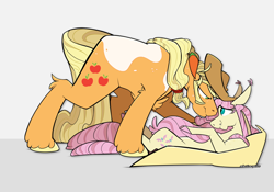 Size: 1650x1154 | Tagged: safe, artist:selective-yellow, imported from twibooru, applejack, fluttershy, bat pony, earth pony, pony, appleshy, bat ponified, chest fluff, female, flutterbat, image, lesbian, png, race swap, shipping