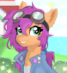 Size: 1421x1537 | Tagged: safe, artist:minecake, imported from derpibooru, izzy moonbow, sunny starscout, earth pony, pony, bucktooth, bush, bust, clothes, ear fluff, female, flower, fluttershy's cutie mark, g5, goggles, goggles on head, green eyes, izzy moonbow's cutie mark, jacket, lesbian, lesbian pride flag, lighthouse, moonscout, neck fluff, ocean, pin, portrait, pride, pride flag, pride pin, shipping, solo, twilight sparkle's cutie mark, water