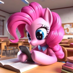 Size: 1024x1024 | Tagged: safe, imported from derpibooru, pinkie pie, earth pony, ai content, ai generated, cellphone, classroom, female, phone, prompter:pinkiepiepics, smartphone