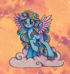 Size: 2436x2553 | Tagged: safe, artist:dariarchangel, imported from derpibooru, oc, oc:camellia, pegasus, pony, big eyes, blue coat, blushing, bow, cloud, colored wings, cute, female, floral head wreath, flower, long hair, long mane, long tail, multicolored hair, multicolored mane, multicolored tail, multicolored wings, ocbetes, on a cloud, pegasus oc, purple eyes, raised hoof, ribbon, sky, smiling, sparkles, spread wings, standing, standing on a cloud, standing on three hooves, tail, tail bow, two toned hair, two toned mane, two toned tail, two toned wings, wavy hair, wavy mane, wavy tail, wings