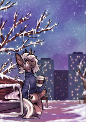 Size: 1679x2374 | Tagged: safe, artist:lonerdemiurge_nail, imported from derpibooru, oc, pony, unicorn, bench, city, clothes, coffee, coffee cup, cup, evening, horn, lights, my little pony, snow, snowfall, solo, sweater, winter