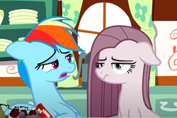 Size: 877x584 | Tagged: safe, imported from derpibooru, screencap, pinkie pie, rainbow dash, yakity-sax, female, mare, out of context, pinkamena diane pie, pinkie pie is not amused, unamused