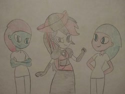 Size: 1040x780 | Tagged: safe, artist:arrowsweetie, imported from derpibooru, aloe, lotus blossom, oc, oc:red arrow, human, equestria girls, british, clothes, disguise, dress, impostor, long dress, long skirt, skirt, spa twins, traditional art