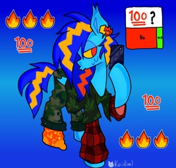 Size: 2048x1951 | Tagged: safe, artist:koidial, imported from derpibooru, oc, oc only, oc:dreadful blue horse!, bat pony, pony, bat pony oc, bat wings, blue coat, camouflage, cellphone, clothes, colored sclera, ear piercing, ear tufts, earring, emoji, female, female oc, flannel, folded wings, gradient background, halftone, hoof hold, instagram story, iphone, jewelry, lidded eyes, mare, mare oc, mismatched socks, no catchlights, no pupils, oversized clothes, pants, phone, piercing, pose, pouty lips, red eyes, shirt, signature, smartphone, socks, solo, spiky mane, spiky tail, standing on three hooves, sticker, striped mane, striped tail, sweat, sweatdrop, tail, text, three toned mane, two toned tail, wall of tags, wings, yellow sclera