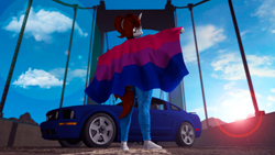 Size: 3840x2160 | Tagged: safe, artist:shadowuwu, oc, oc only, oc:stone, anthro, 3d, bisexual pride flag, breasts, car, clothes, female, ford mustang, pride, pride flag, shoes