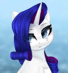 Size: 1440x1531 | Tagged: safe, artist:taiweiart, imported from derpibooru, rarity, pony, unicorn, blue background, bust, eye clipping through hair, female, horn, looking away, mare, simple background, solo