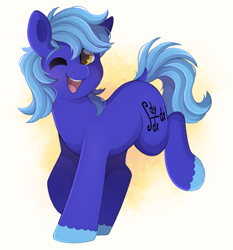 Size: 2009x2155 | Tagged: safe, artist:adostume, derpibooru exclusive, imported from derpibooru, oc, oc only, oc:dayandey, earth pony, pony, digital art, male, one eye closed, raised hoof, simple background, smiling, solo, solo male, teeth, wink